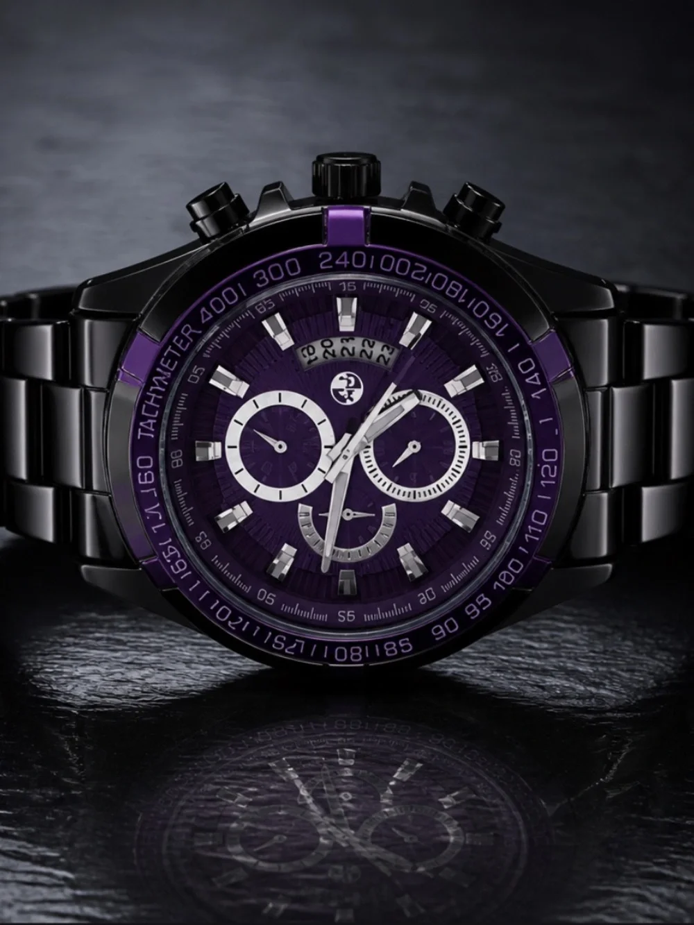 Black Men's Chronograph Watch with Purple Dial